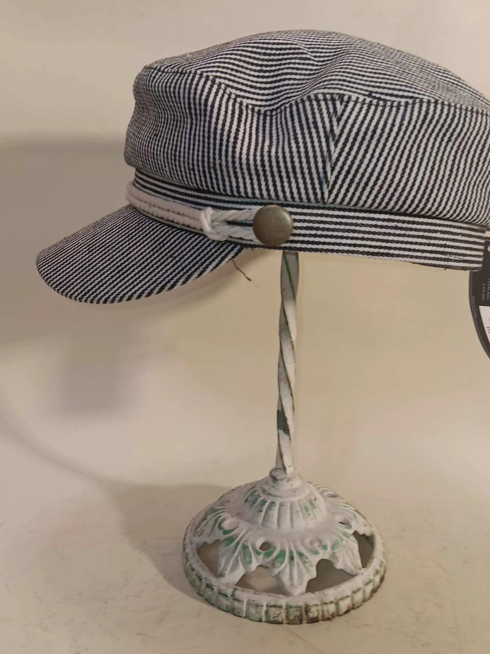 Striped Black and White Baker Boy Cap with Braided Trim